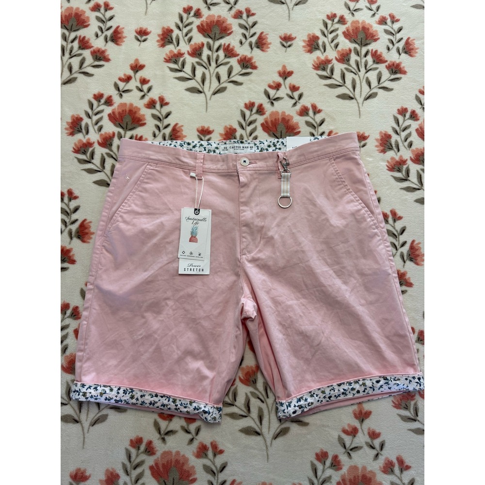 Cactus Man Ricky Singh Mens 34 Pink Power Stretch Chino Shorts Floral Trim NWT